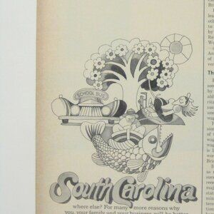 Vintage 1968 South Carolina Tourism Print Advertisement Fish Tree School Bus